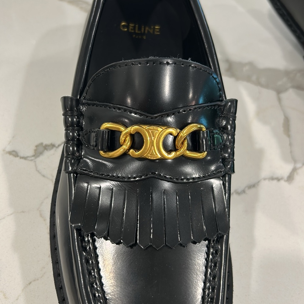 Celine Black Leather Loafers with Gold Buckle - Picture 6 of 7